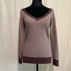 Double V-Neck Brown and White Striped Sweater